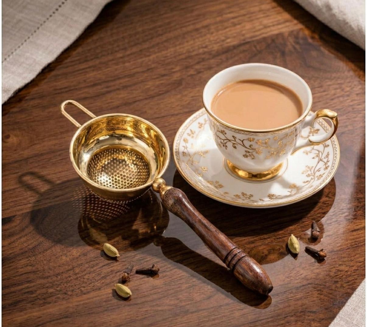 Handmade Brass Tea Strainer with Sheesham Wood Handle | Chai Channi