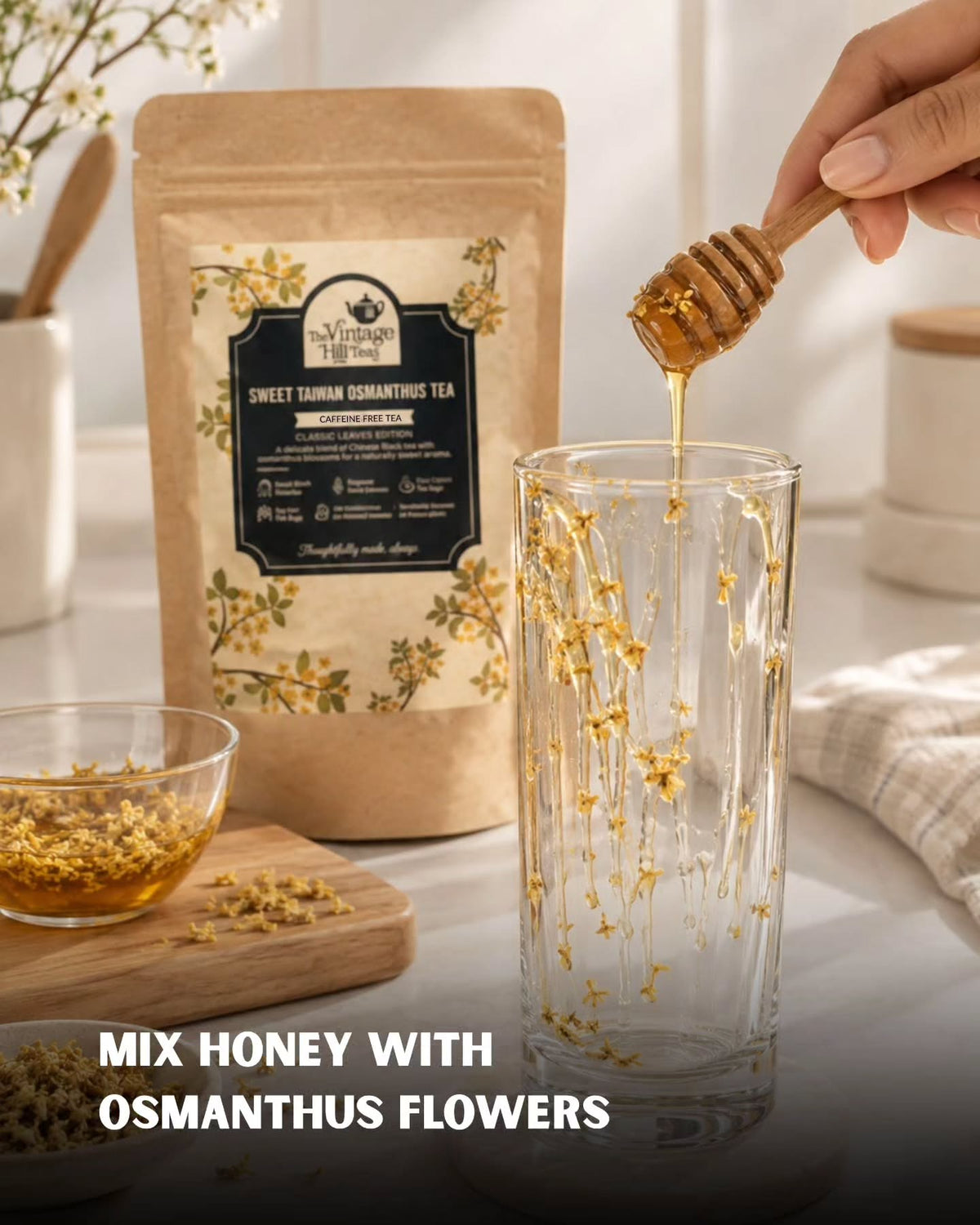 Luke's Osmanthus Milk Recipe Step 2 - Mix Honey with Osmanthus Flowers
