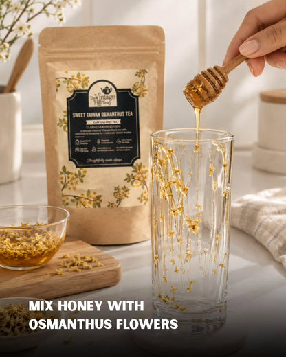 Luke's Osmanthus Milk Recipe Step 2 - Mix Honey with Osmanthus Flowers