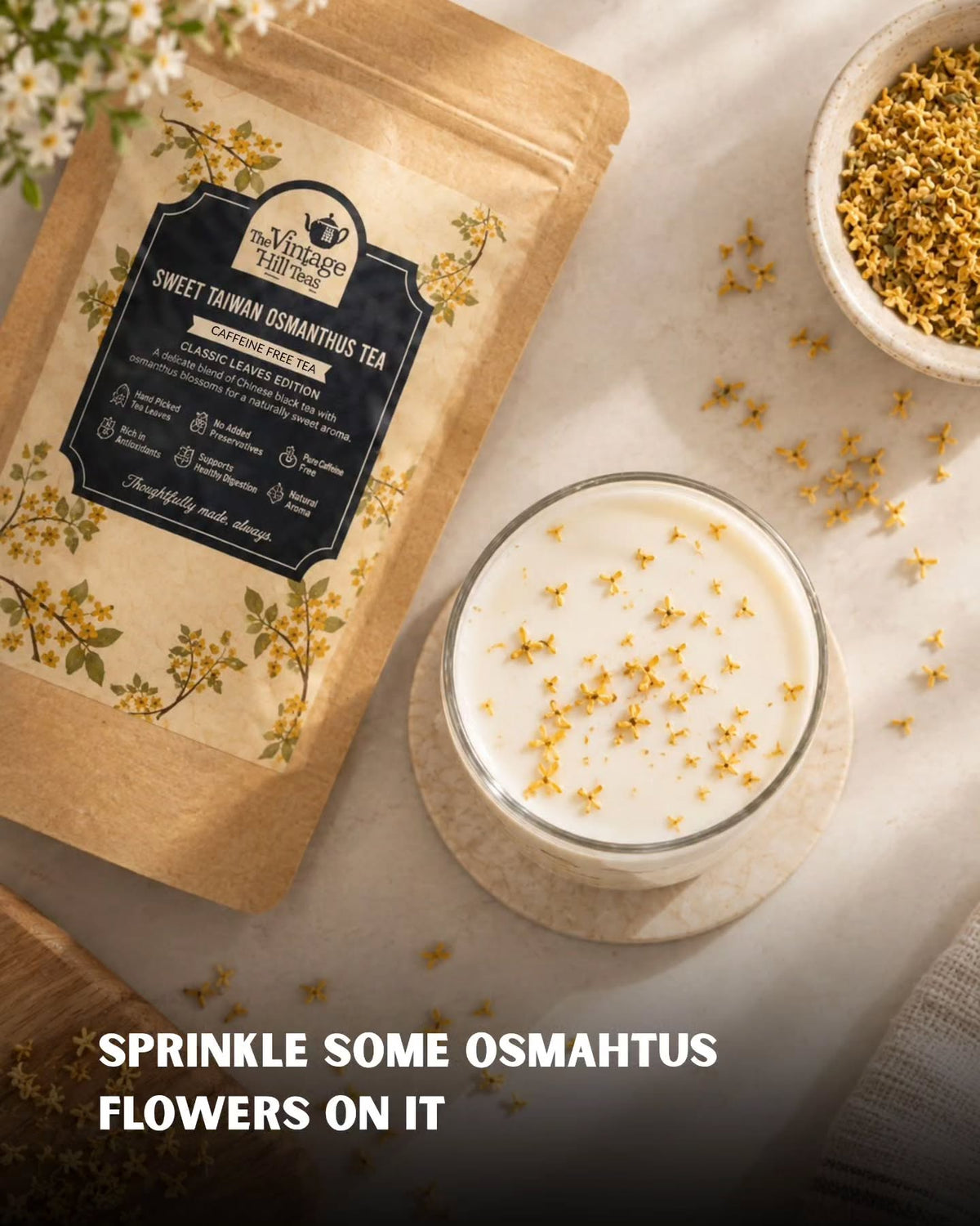 Luke's Osmanthus Milk Recipe Step 4 - Sprinkle Osmanthus Flowers on Top