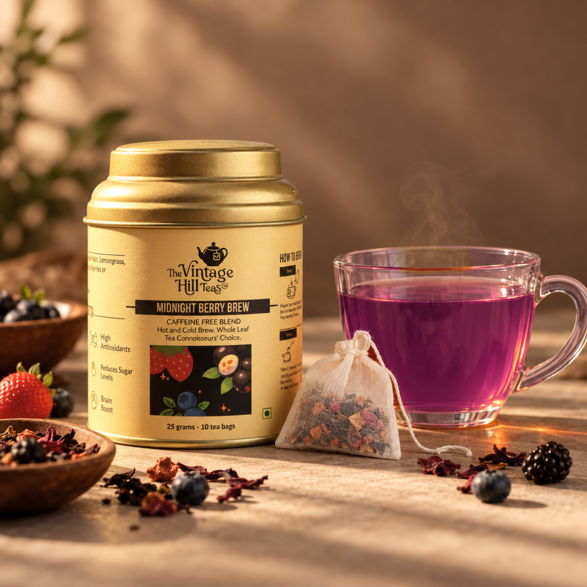 Midnight Berry Brew Caffeine Free - Small Tin 10 Cotton Tea Bags 25g